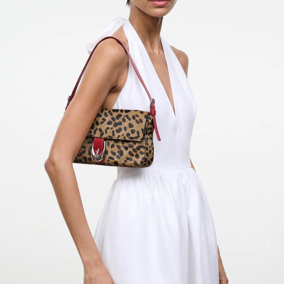 Leopard Print Haircalf Flap Shoulder Bag with Red Leather Trim