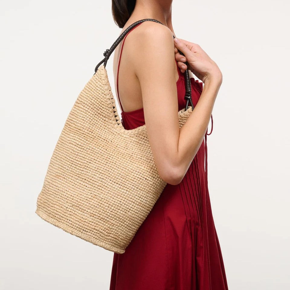Large Natural Raffia Bucket Tote Bag with Leather Handle