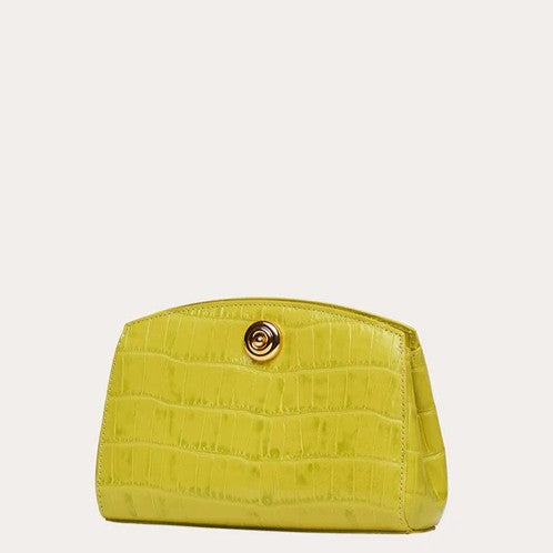 Croc Embossed Leather Mandala Metal Pushlock Clutch Bag