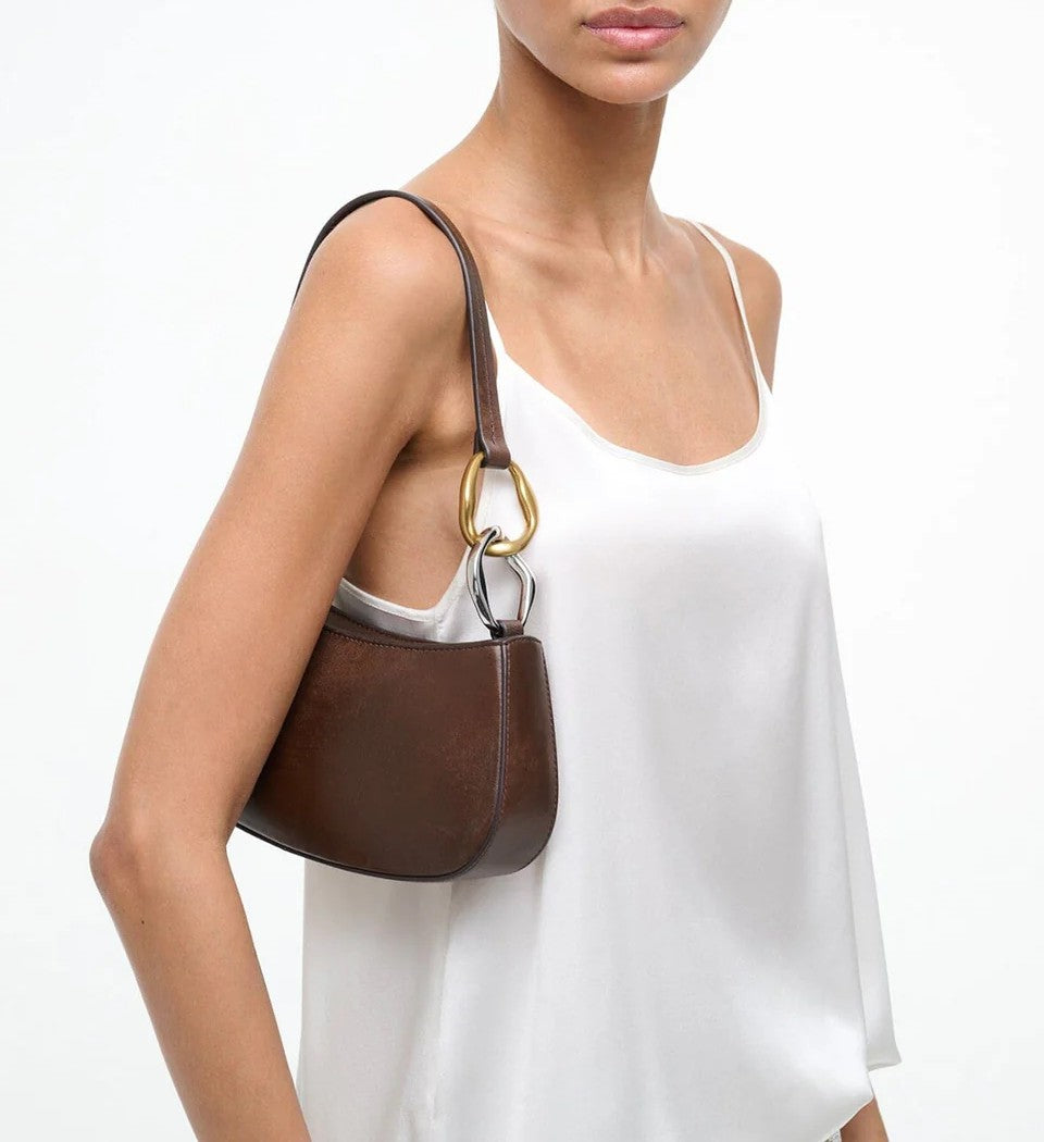 Two-Tone Hardware Dark Brown Lamb Leather Mini Ollie Shoulder Bag