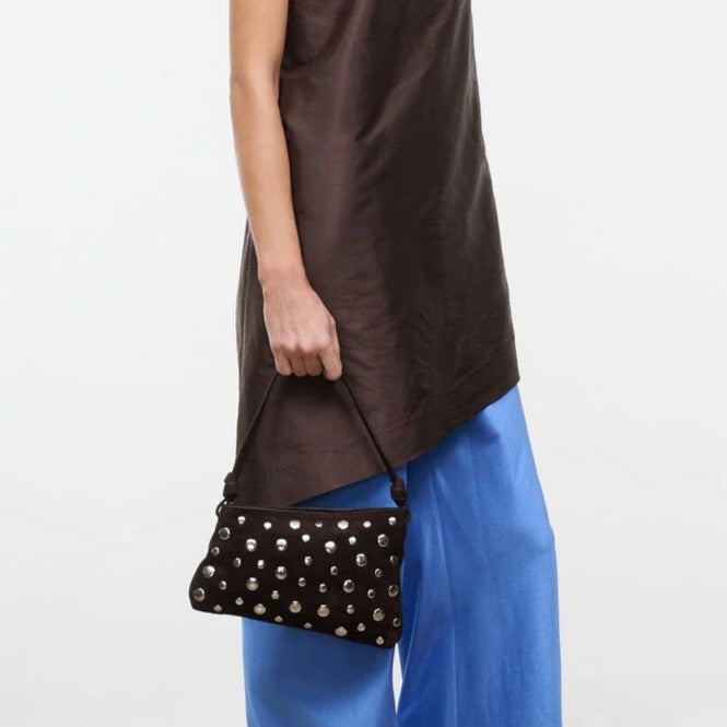 Dark Brown Suede Silver Polka Dot Studded Shoulder Bag