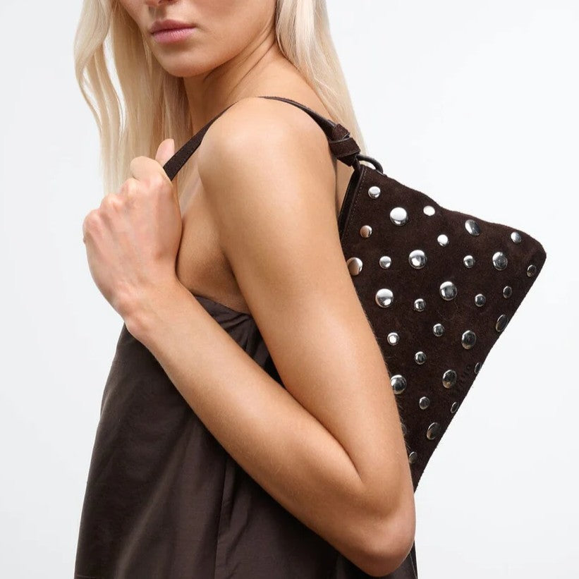 Dark Brown Suede Silver Polka Dot Studded Shoulder Bag