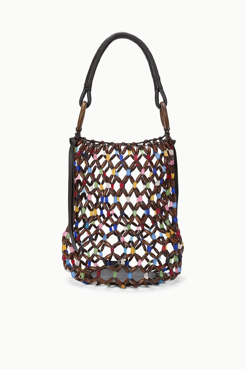 Multi Color Wood & Acrylic Bead Bucket Bag Dual Leather Straps