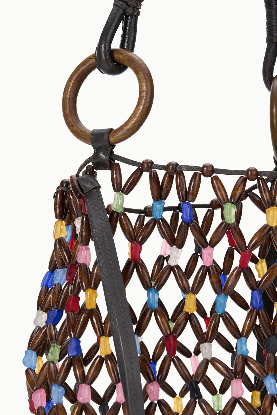 Multi Color Wood & Acrylic Bead Bucket Bag Dual Leather Straps