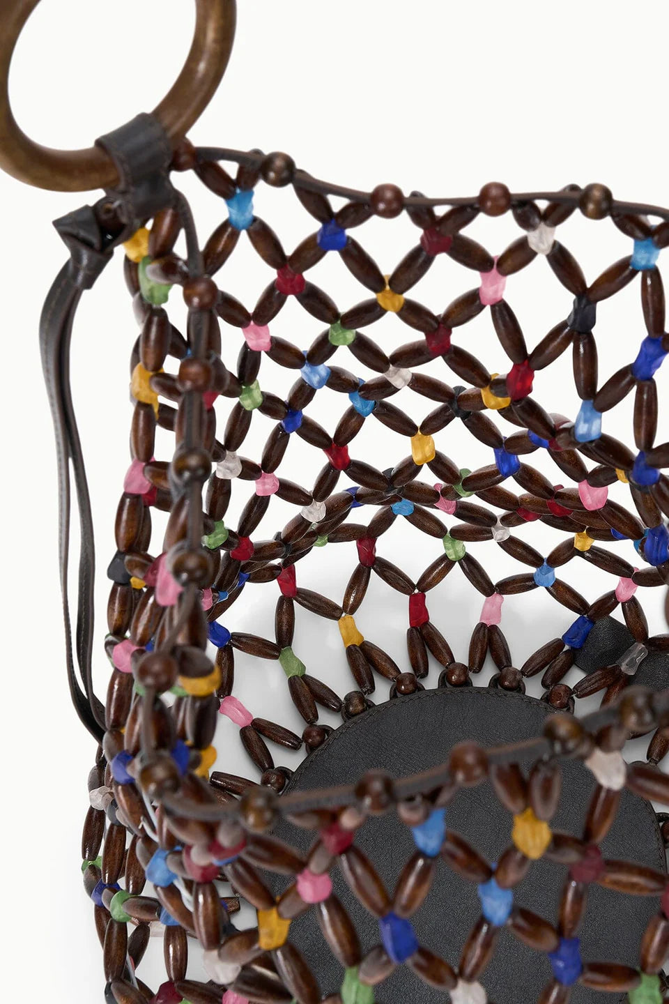 Multi Color Wood & Acrylic Bead Bucket Bag Dual Leather Straps