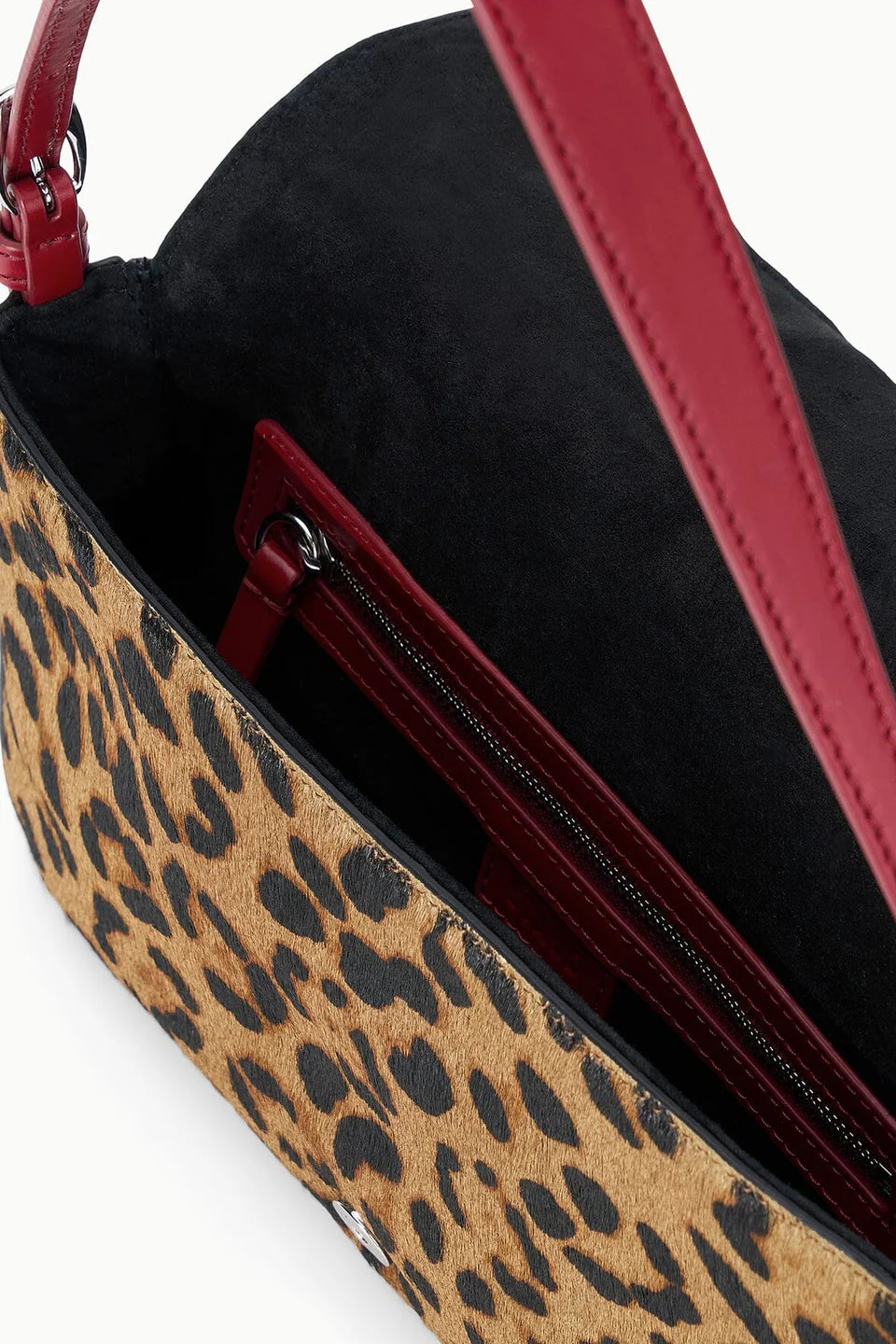 Leopard Print Haircalf Flap Shoulder Bag with Red Leather Trim