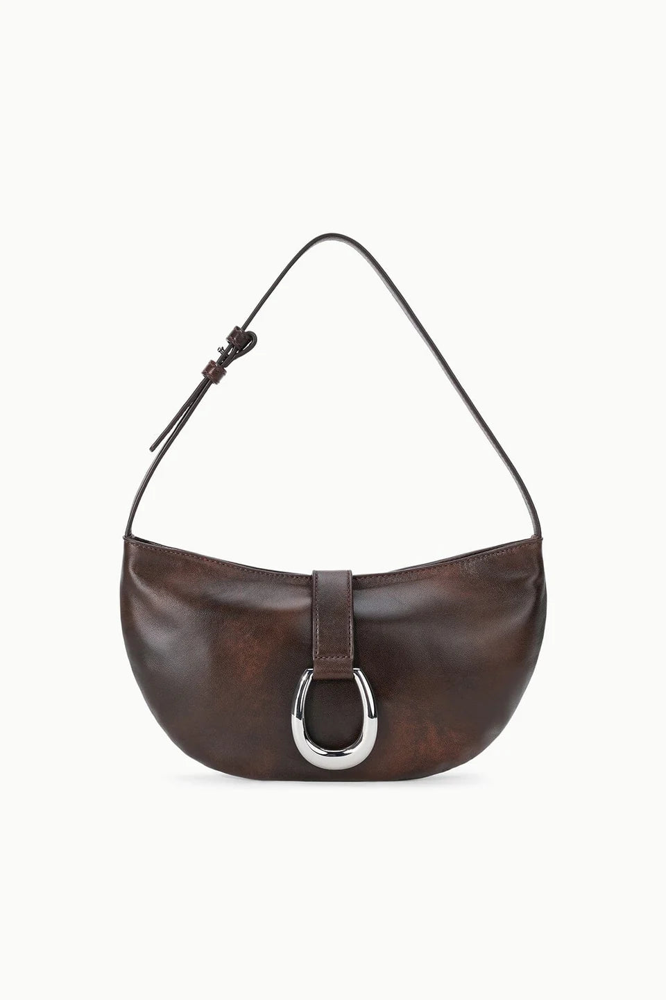 Vintage Dark Brown Lamb Leather Crescent Shoulder Bag with Silver D Buckle