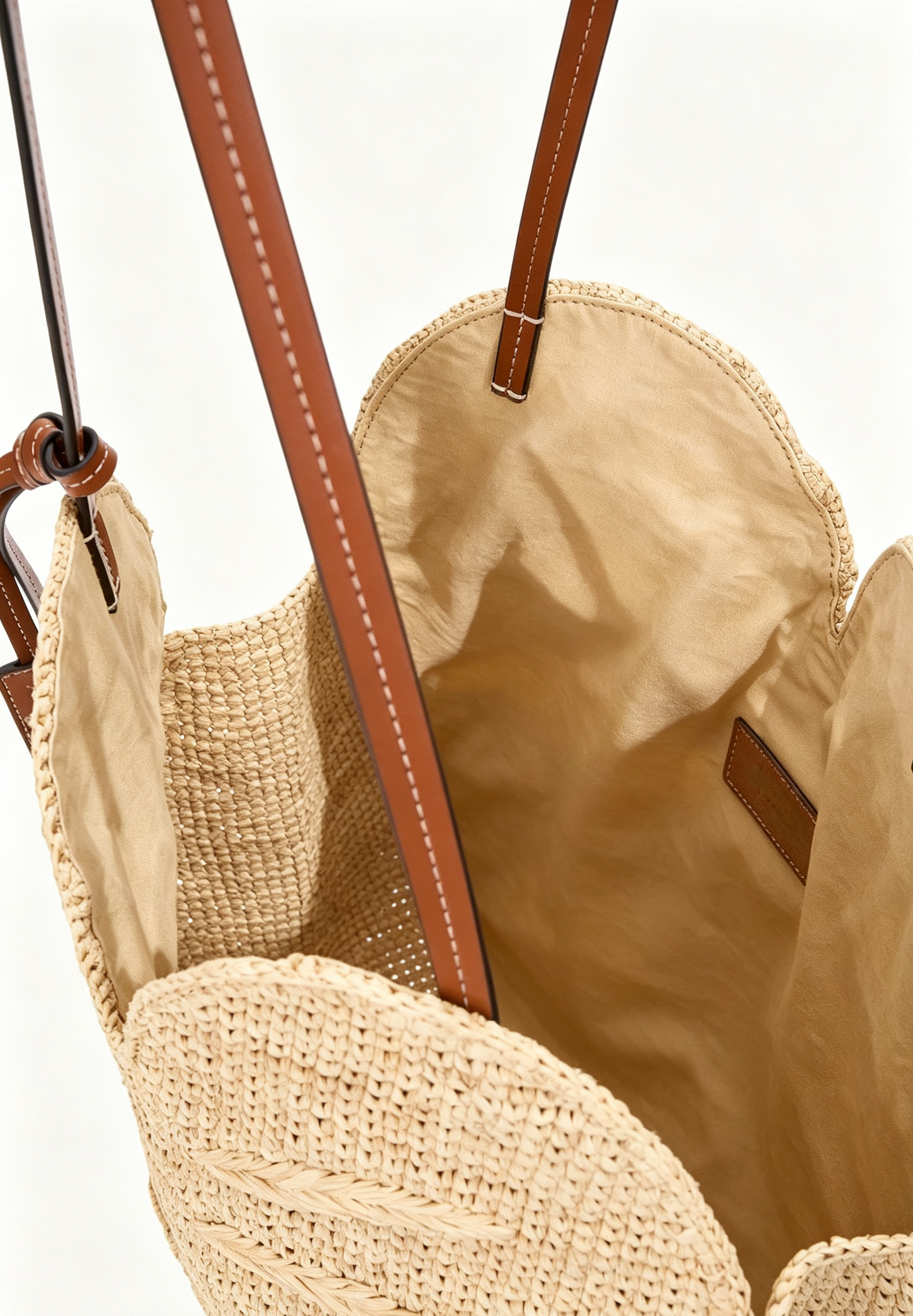 Large Palm Leaf Cutout Rayon Raffia Tote Bag with Cow Leather Strap
