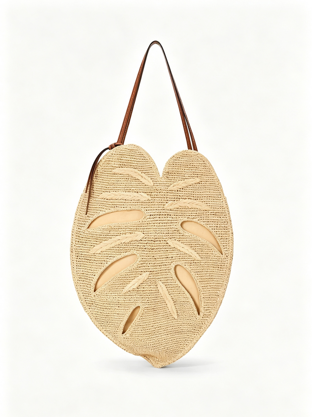 Large Palm Leaf Cutout Rayon Raffia Tote Bag with Cow Leather Strap