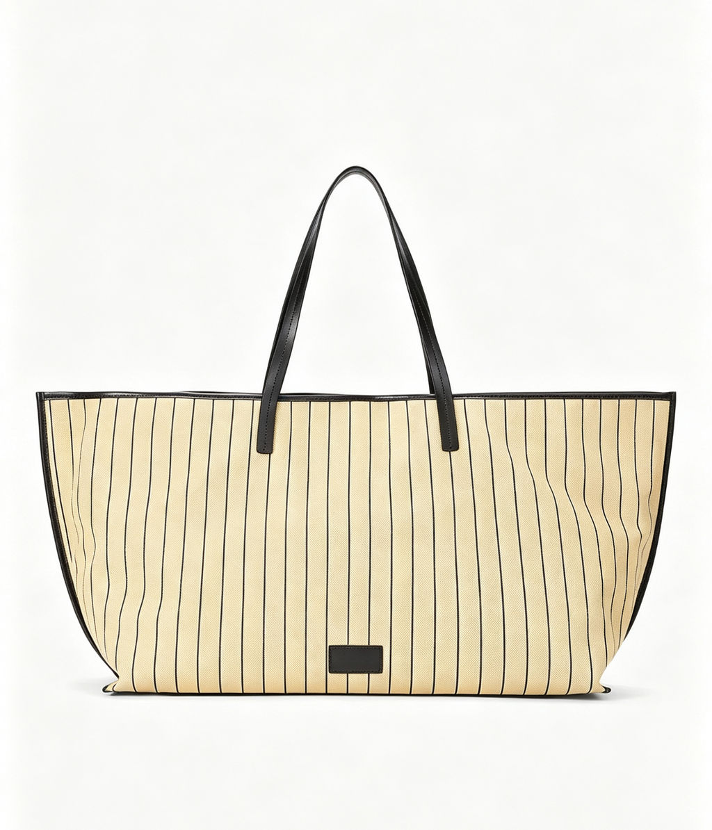 Yellow Thin Stripe Canvas Large Shoulder Tote