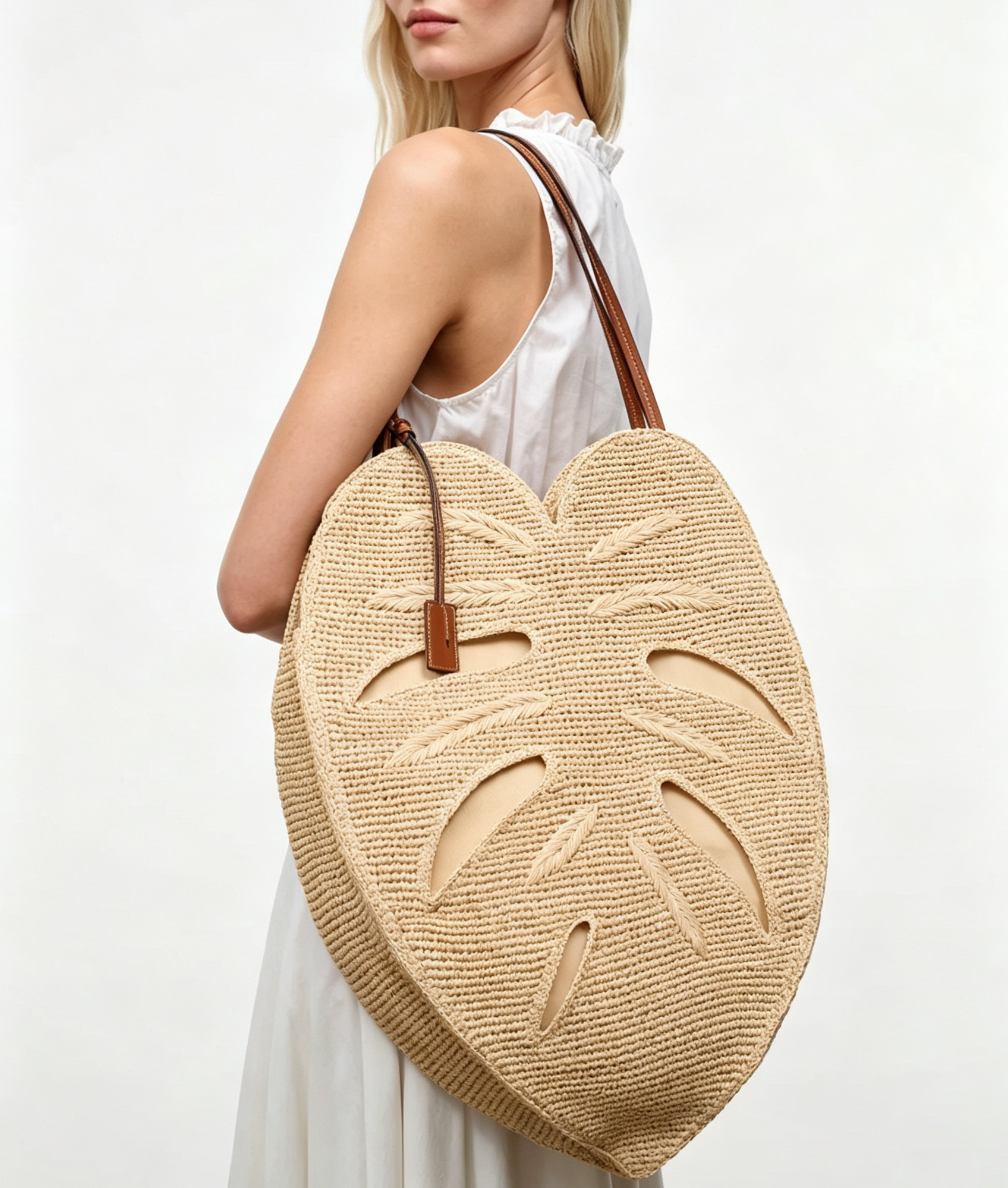 Large Palm Leaf Cutout Rayon Raffia Tote Bag with Cow Leather Strap